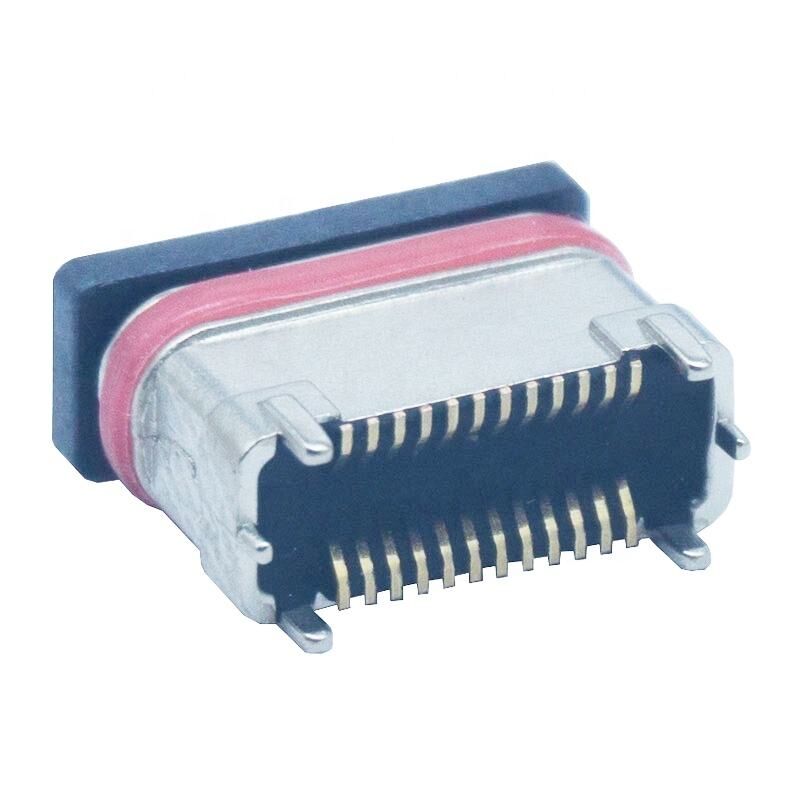 Konektor Tipe-c Betina Metalurgi Seng Vertikal SMD Tahan Air 24 Pin Port Pengisian Daya USB Colokan