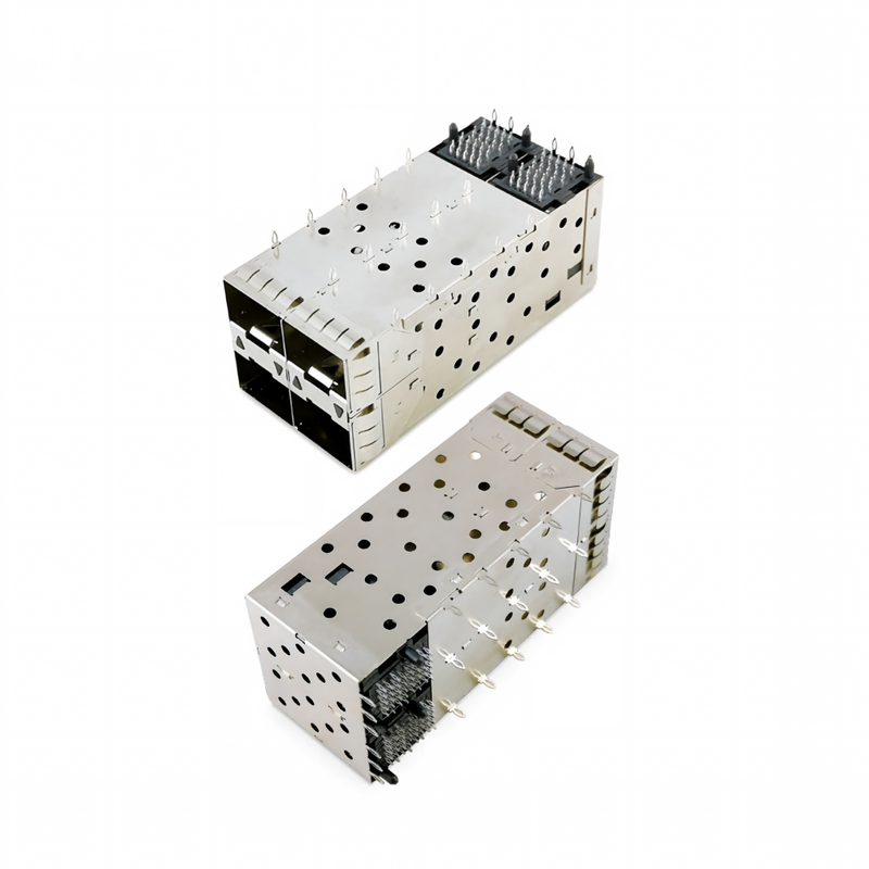 SFP+ 2x2 Press-Fit Connector 80pin bentuk kecil Pltuggable Plus ditumpuk 2-by-1 Multi-Port SFP+ Connector W/ Lightpipe Ports